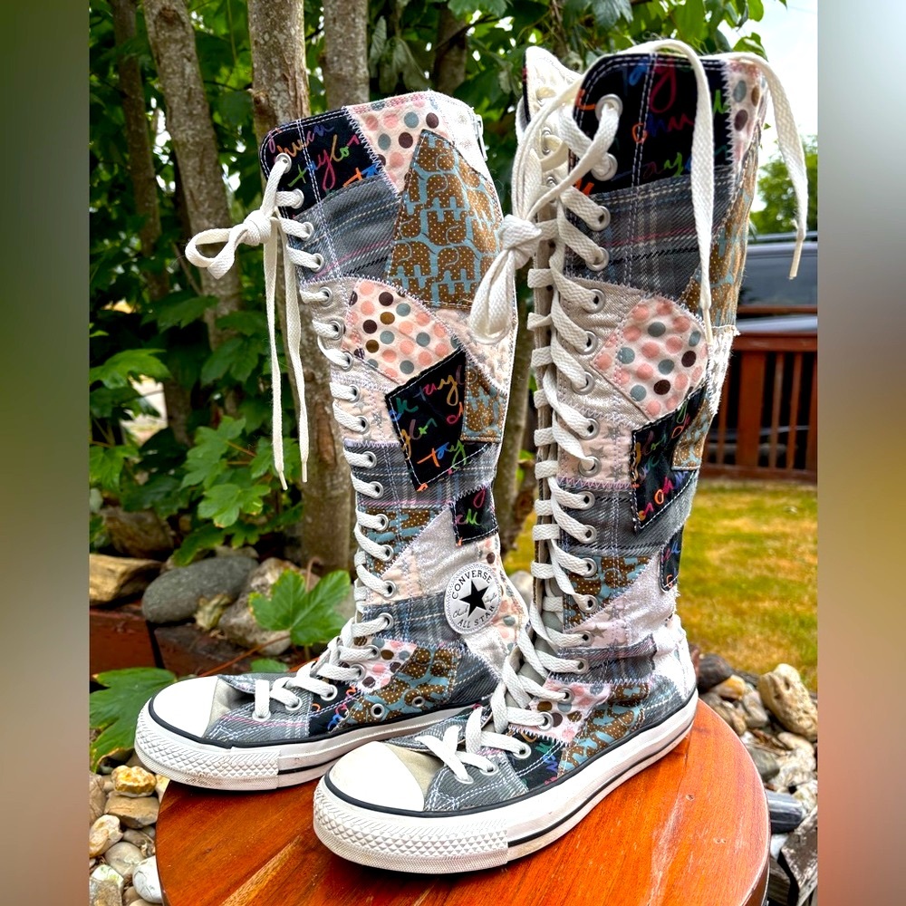 Y2K Converse, patchwork, Lace/ zipper canvas with Graphic Print. Worn ONCE!